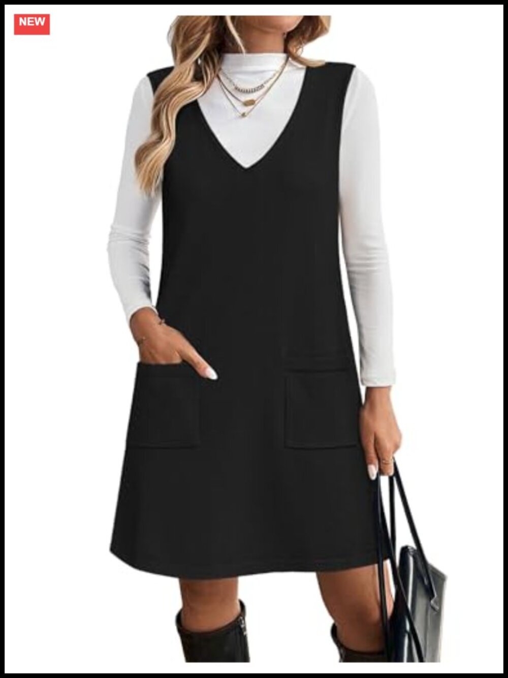 Sweater Vest Dress V Neck Sleeveless Knit Pullover with Pockets Fall Winter